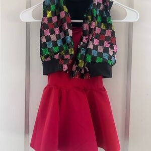 Weissman Red Dress with Multicolor Sequin Check Vest